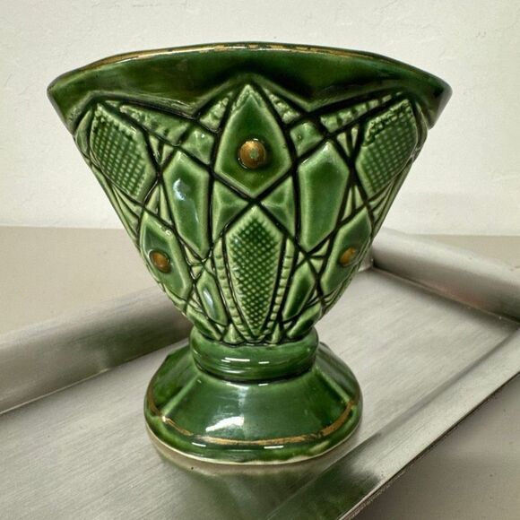 Vintage Ucagco Carved Vase Green Ceramic Decorative Art Deco Design Unique Decor - Picture 6 of 13